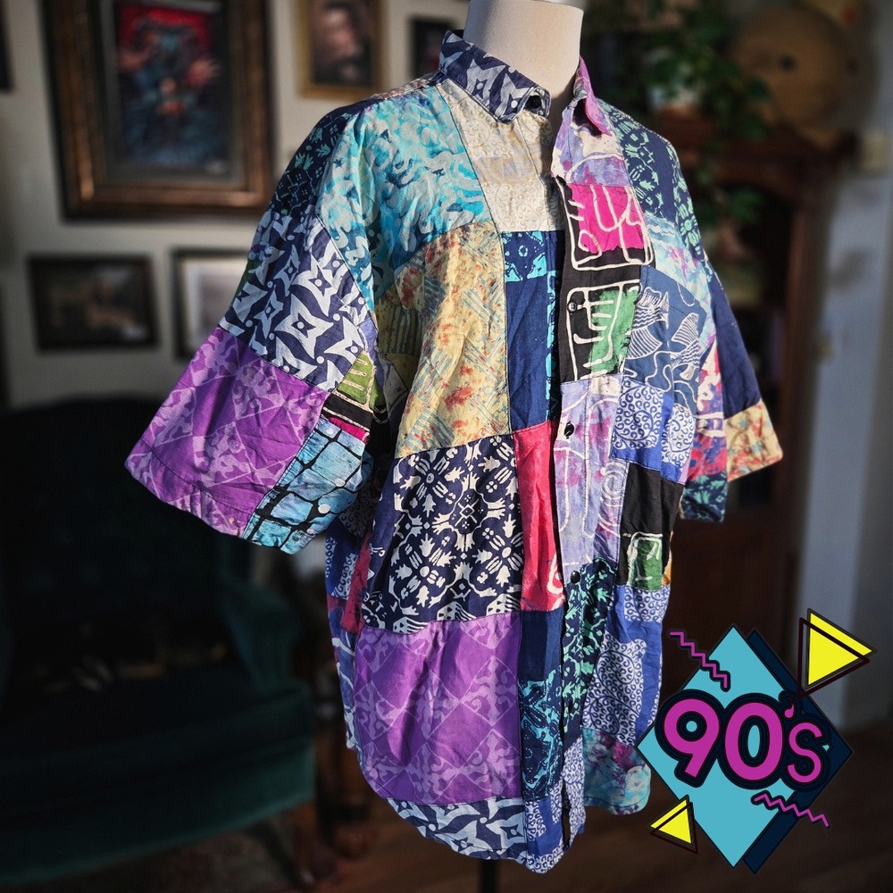 Java Lava Patchwork Shirt Batik Cotton Vintage 90s Boho Abstract Print One Size